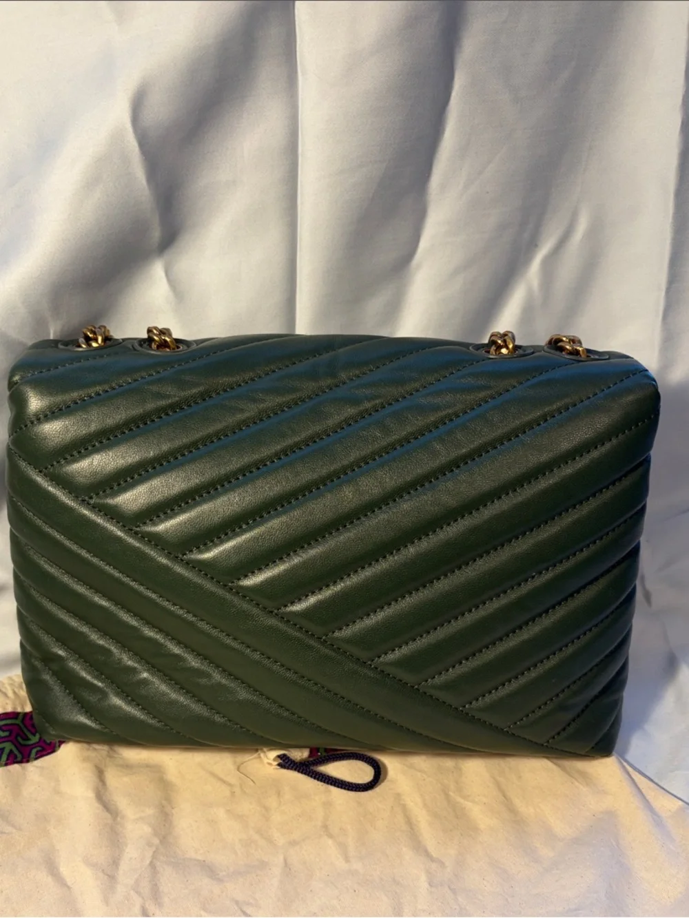 Tory Burch Kira Chevron Convertible Shoulder Bag Green Leather Gold Chain